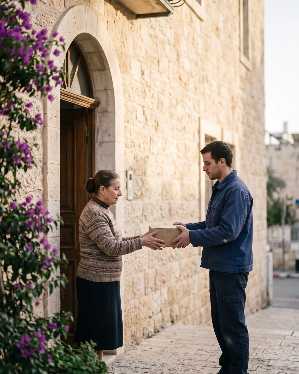 A courier handing a parcel to a woman at the entrance of a Jerusalem-stone building